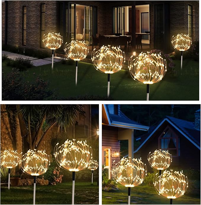 Solar Garden Lights Outdoor 4 Pack 480 LED Firework Landscape Path Lights Solar Powered Starburst Lights Waterproof 8 Lighting Modes with Remote Control for Patio Christmas Party Yard Decorative