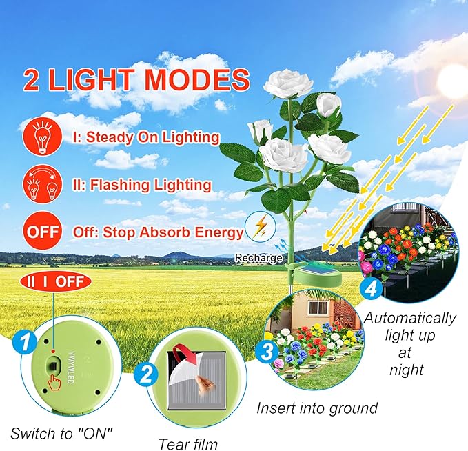 Solar Flower Lights Outdoor - Upgraded New Material Two Modes Realistic LED Solar Powered Waterproof Lights with 5 Roses, Solar Decorative Stake Lights for Garden (White, 1 Pack)