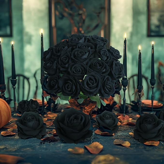 30 PCS Fake Black Roses, Artificial Flowers Bulk Halloween Decorations Realistic Silk Faux Roses with Stems for Gothic Wedding Party Decor, Bridal Bouquets DIY Floral Arrangement Home Decor
