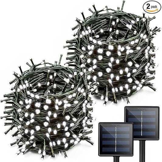 YIQU White Extra-Long 2-Pack Each 72ft 200 LED Solar String Lights Outdoor, Waterproof Green Wire 8 Lighting Modes Solar Christmas Lights for Garden Patio Tree Party Wedding Decorations (Cool White)