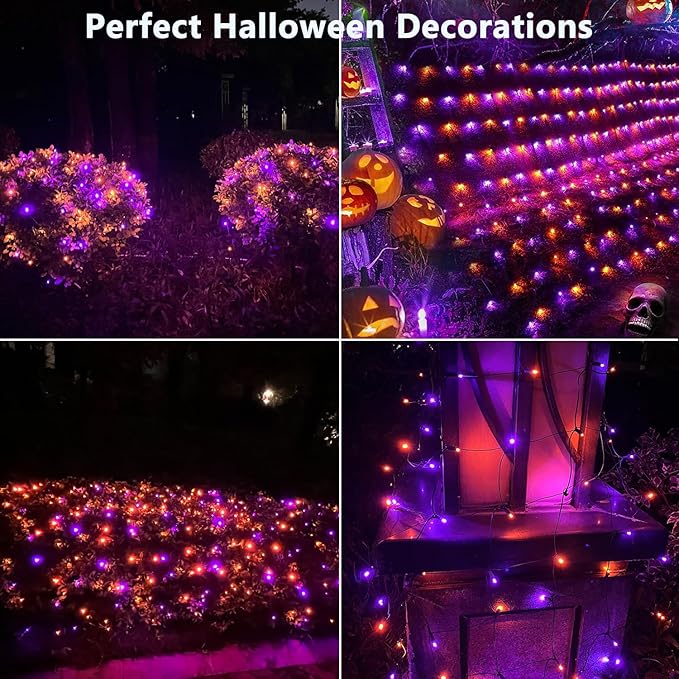 HISHINY Halloween Lights Outdoor,100LED 5ftx5ft Net Lights with Connectable, Waterproof,UL Certified and Durable Green Wire Design for Bushes,Trees,Halloween Decorations Outdoor(Purple&Orange)