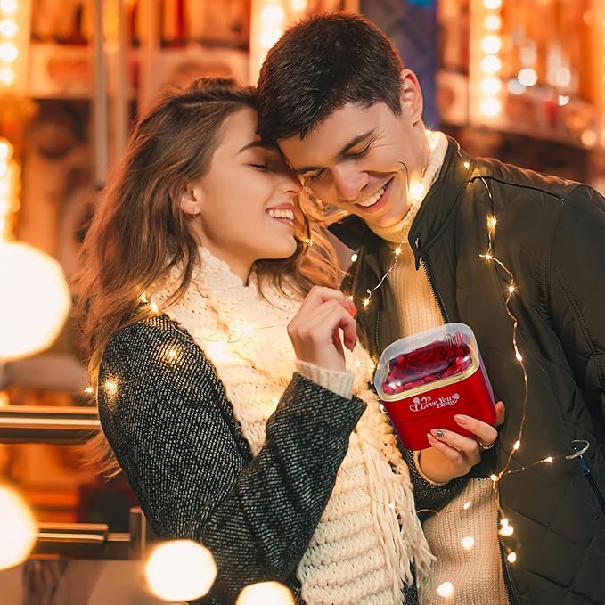 Mikasol Preserved Rose & Heart-Shaped Necklace with Jewelry Box - Preserved Rose, Ideal Romantic Gift for Women, Anniversary, Valentines, Red, 4.9"x4.5"x4.2"