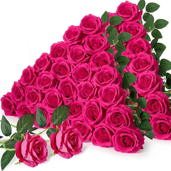 Serwalin 50pcs Artificial Roses Bulk, 4'' Big Velvet Flower Head, Hot Pink Rose Velvet Real Touch, Silk Fake Roses Long Stems Realistic Bouquet for Wedding Table Centerpiece and Home Decor