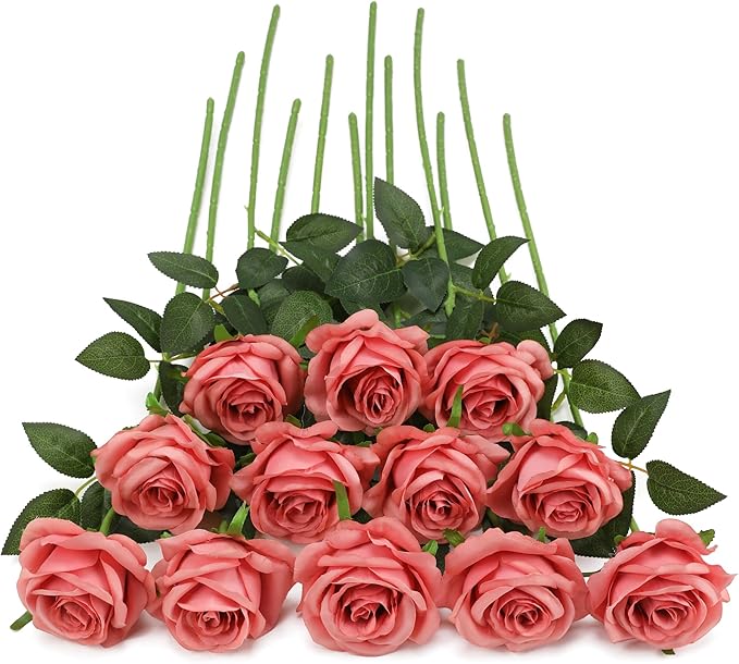 Pink Fake Roses Artificial Flowers - 10 Pcs Fake Artificial Roses Silk Flowers with Stems for Home Wedding Hotel Office Centerpiece Decor(Dusty Pink)