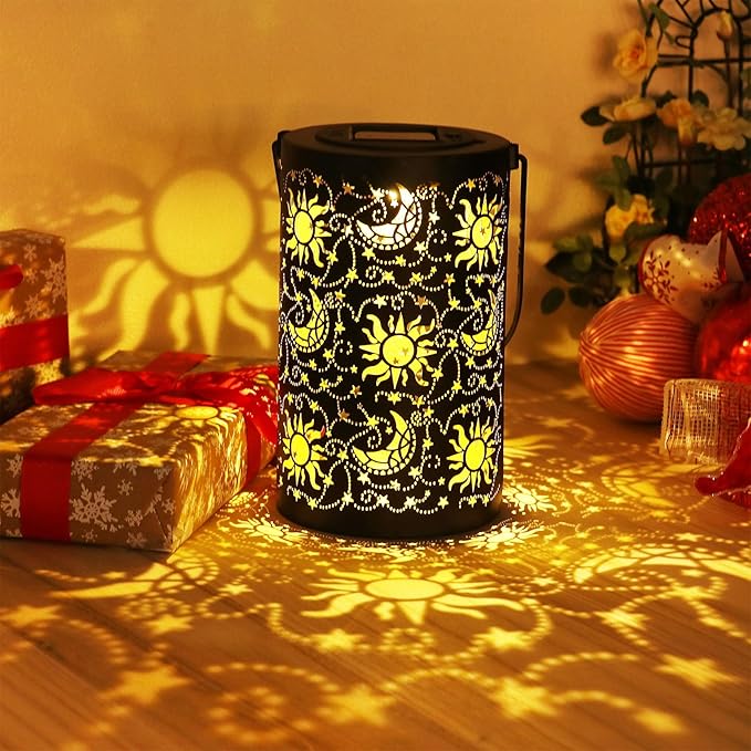 Solar Lanterns Outdoor Hanging Waterproof Metal Sun Moon Star Pattern Lanterns for Garden Patio Yard Lawn Front Porch Decor as Birthday Gifts for Mom Grandma Women