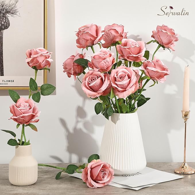 Serwalin 20PCS Artificial Roses, 4'' Big Flower Head, Dusty Pink Velvet Long Stem Roses, Silk Fake Roses Bouquet for Wedding Home Decor and Table Centerpiece