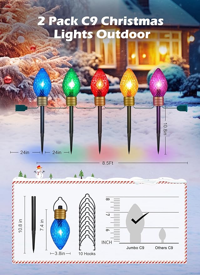 Strawberry Jumbo C9 Christmas Pathway Lights Outdoor - 2 Pack Total 17 Feet 10 LED C9 Christmas Lights, Jumbo Bulb Outdoor Decorations for Yard Lawn Holiday Outside