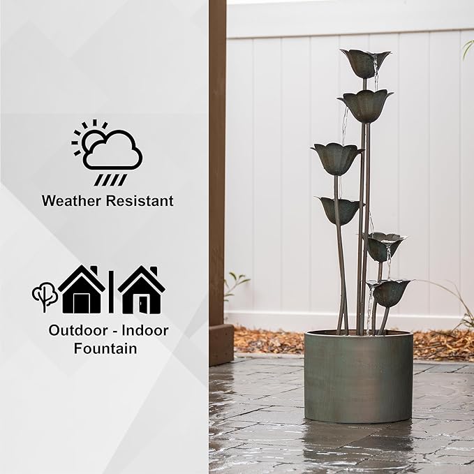 XBrand Sculptural Freestanding Metal Multi-Tiered Water Fountain w/Flowers, No LED Lights, Silver, 35" Tall