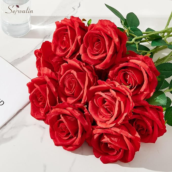 Serwalin 20Pcs Artificial Bright Red Roses, 4''Big Velvet Flower Head Fake Roses, Real Touch Silk Roses, Long Stems Realistic Roses Bouquet for Wedding Table Centerpiece and Home Decor