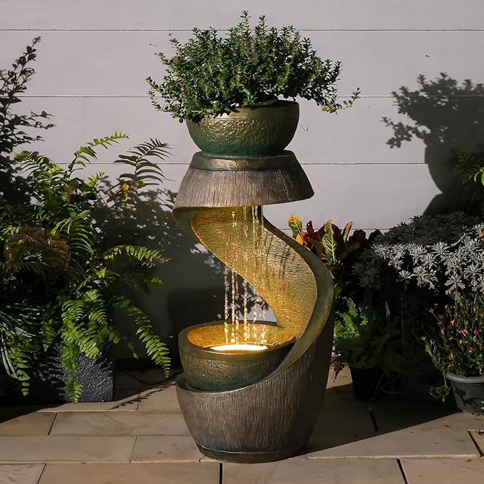 31.9" S-Shaped Water Outdoor Fountain–Modern Cascading Waterfall Feature with LED Lights & Planter Bowl, Garden Fountains Outdoor for Patio, Balcony, Yard or Home Decor, Resin Waterfall, Gold