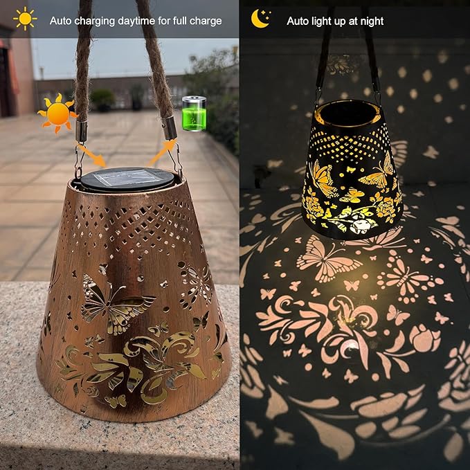 Butterfly Solar Lanterns Outdoor Waterproof, Garden Decor Gifts for Women Mom Grandma Hanging Solar Lights Hollowed-Out Metal Solar Decoration Outside for Patio, Yard, Pathway, Front Porch(1 Pack)