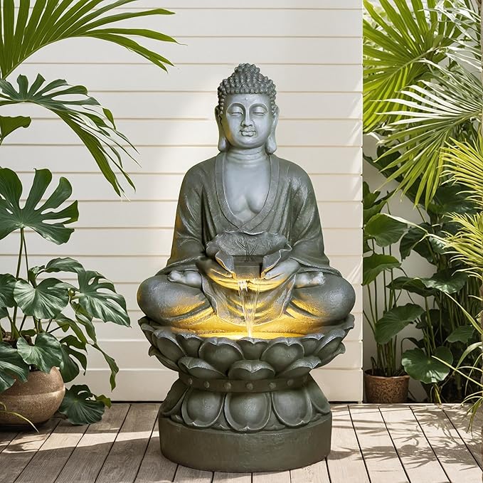 Buddha Water Fountain Outdoor Large Sitting Lotus Base Waterfall Fountains Zen Water Feature Indoor with LED Light for Garden Patio Backyard Deck Lawn Porch Balcony Home 45 inches Gray