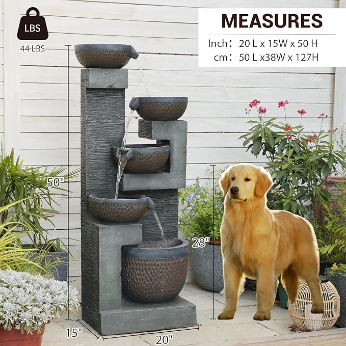 50" H Large Garden Fountains Outdoor, 5-Tier Cascading Rustic Style Bowl Water Fountain and Waterfall Feature with Light and Pump for Garden, Patio, Deck, Porch, Home Décor, Gray&Brown