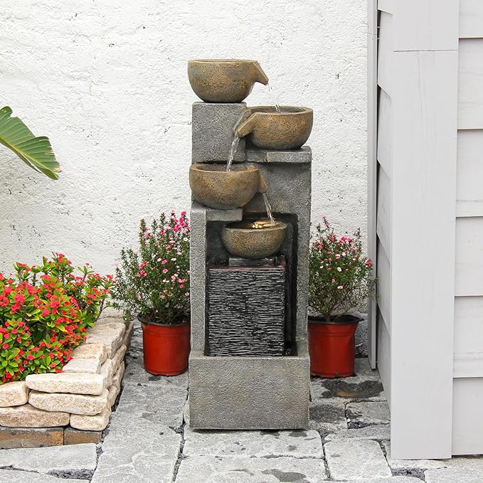 YZM 5-Tier Water Fountain Outdoor Garden Waterfall Fountains Indoor Bowl Cascading Water Feature with Led Lights for Home Deck Patio Porch Yard Decor 37.4" H