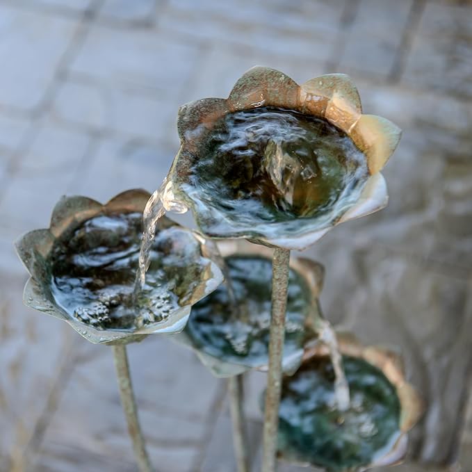 XBrand Sculptural Freestanding Metal Multi-Tiered Water Fountain w/Flowers, No LED Lights, Silver, 35" Tall