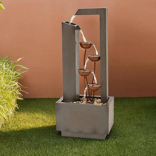 XBrand Sculptural Freestanding Metal Multi-Tiered Water Fountain w/Flowers, No LED Lights, Gray and Bronze, 38" Tall