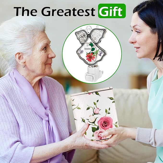 KY&BOSAM Night Light Grandma Stained Glass Angel Night Lights Plug Into Wall with Real Flower in Glass and Metal Charm Night Light for Nursery Bedroom Bathroom Accent Lite Elegant Home Decoration