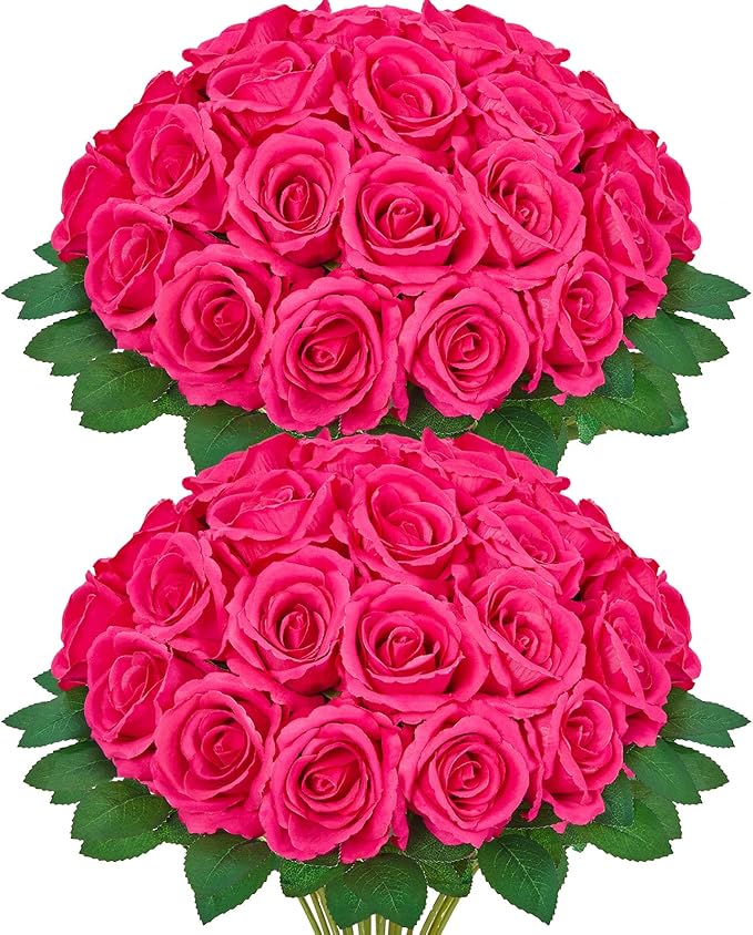 Serwalin 30pcs Artificial Silk Roses Flowers, Hot Pink Artificial Roses with Long Stems Bulk Realistic Fake Roses Flowers for DIY Wedding Bouquet Centerpieces Party Home Table Decor