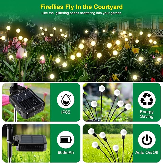 Solar Garden Lights - 6 Pack Solar Firefly Lights Outdoor Waterproof New Upgraded Swaying Landscape Lighting for Outside Pathway Patio Yard Garden Outdoor Decor Sway by Wind 8 LED Warm White
