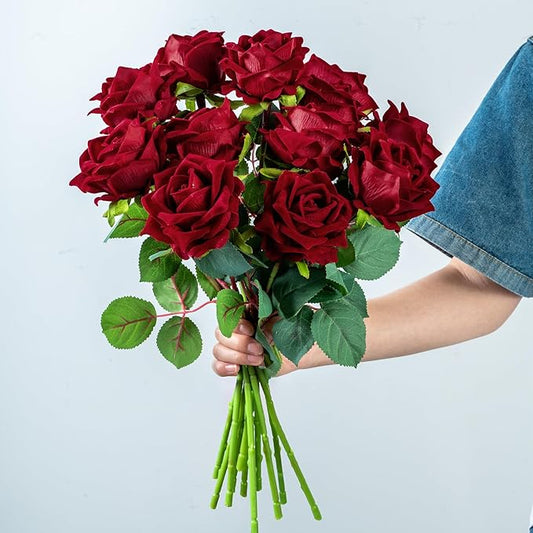 Fake Roses Faux Flowers Silk Roses Artificial Roses with Stems Realistic Artificial Flowers Suitable for Indoor Home Decoration DIY Bouquet Wedding Decor Party Decor 16.5In (12PCS, Red)