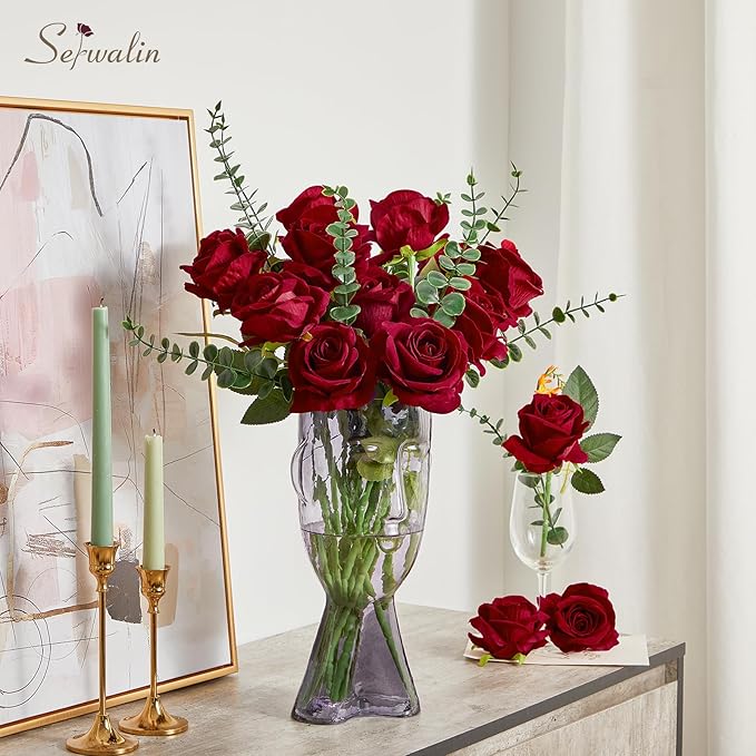 Serwalin 20pcs Red Roses Artificial Flowers, 4'' Big Velvet Flower Head Fake Roses, Realistic Silk Roses Bouquet Long Stems for Wedding Home Decor and Table Centerpiece