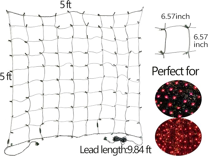 HISHINY LED Red Christmas Net Lights Outdoor,5ftx5ft 100LED Green Wire, Connectable Indoor Outdoor Bush Mesh Net Lights String for Halloween Christmas Party,Shrub,Yard,Tree(Red)