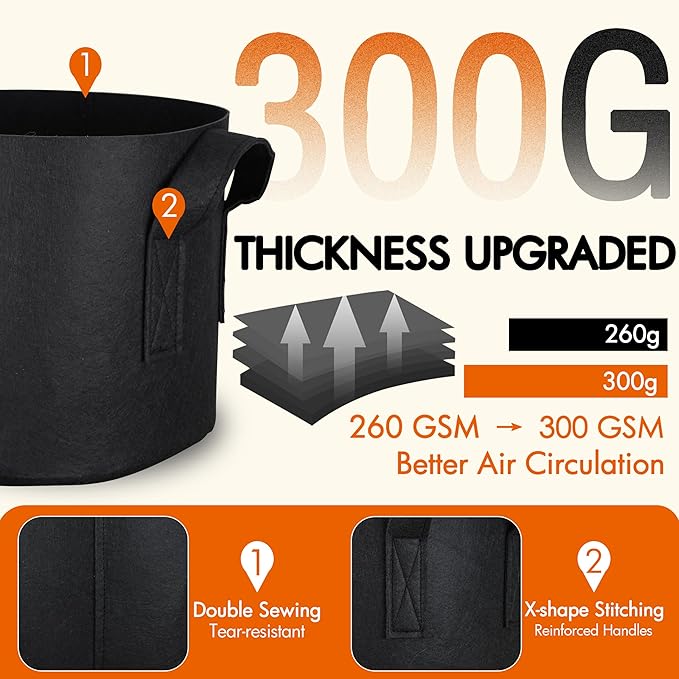 Gardzen 10-Pack 10 Gallon Grow Bags, 300G Thickened Aeration Fabric Pots with Handles, Heavy Duty Cloth Pots for Plants