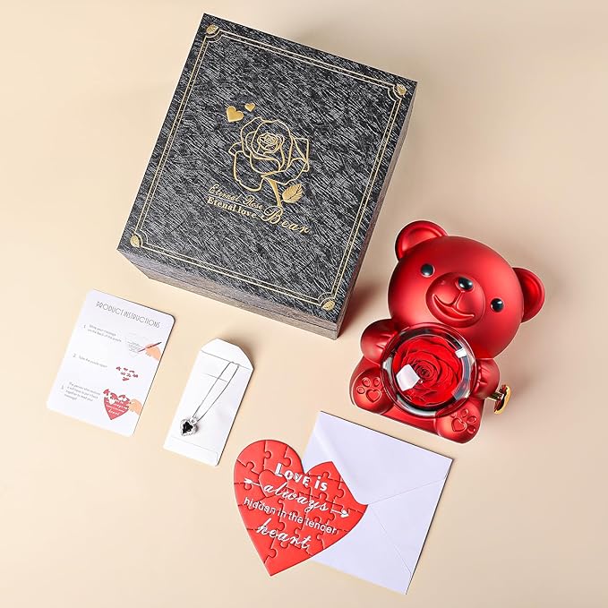 Cute Teddy Bear with Preserved Rose - A Real Rose Flower in Bear with Elegant Gift Box - Romantic Gift for Her in Mother's Day, Weddings, Anniversaries, and Bridal Showers (Red)