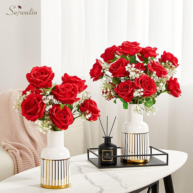 Serwalin 20Pcs Artificial Bright Red Roses, 4''Big Velvet Flower Head Fake Roses, Real Touch Silk Roses, Long Stems Realistic Roses Bouquet for Wedding Table Centerpiece and Home Decor