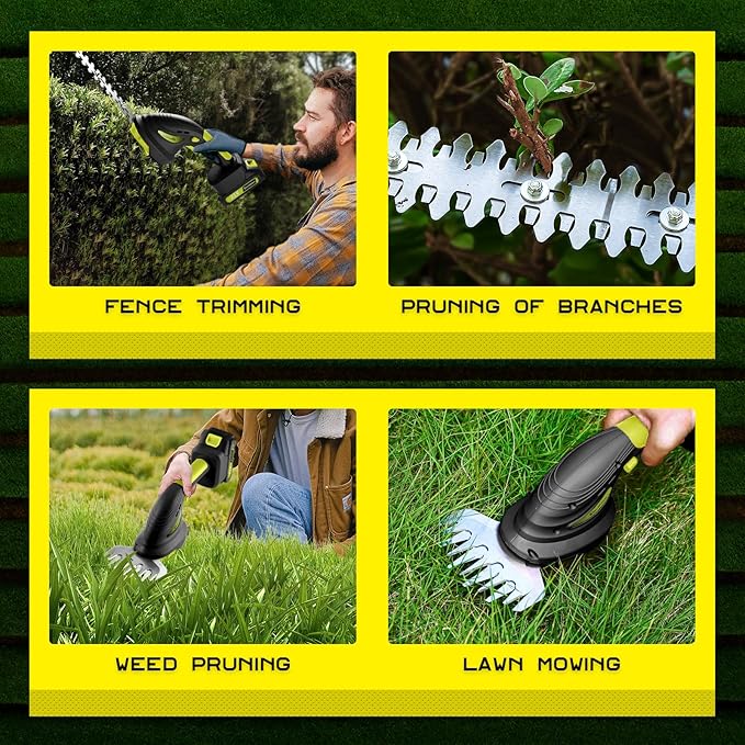 Cordless Hedge Trimmer with Battery and Charger Included, 2 in 1 Handheld Small Electric Bush Trimmers/Grass Cutter Yard Tool for Shrub,Tree,Lawn, Battery Powered Hedge Clippers for Garden