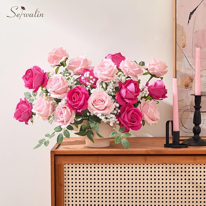 Serwalin 20pcs Artificial Pink & Hot Pink Roses, 4'' Big Flower Head, Fake Velvet Roses, Silk Roses Long Stems Realistic Bouquet for Wedding Parties Table Centerpiece and Home Decor