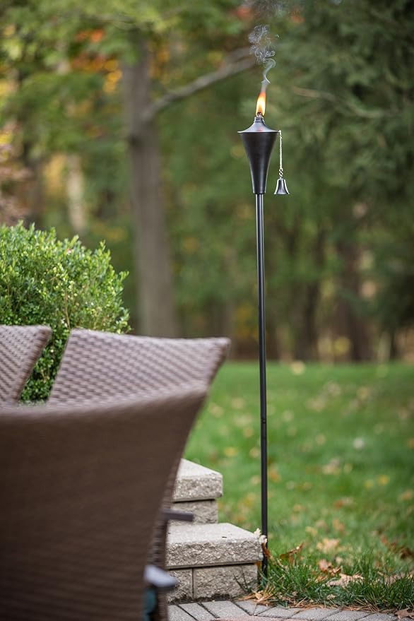 Set of 4, Oahu Premium Metal Patio Torches, 53" Tall- Tiki Style/w Snuffer, Fiberglass Wick & Large 16oz Oil Lamp for Deck, Patio, Lawn, Garden, Luau (Smooth Black)