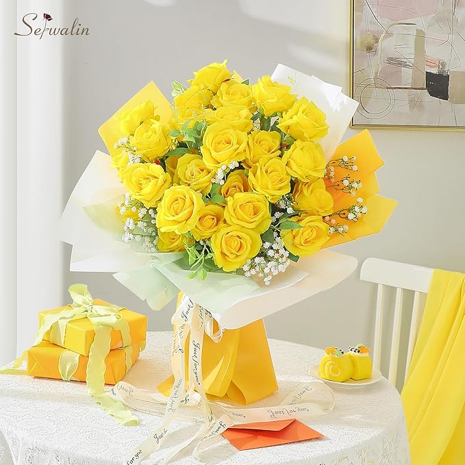 Serwalin 30pcs Artificial Yellow Roses, Realistic Silk Roses Fake Long Stem Artificial Roses for Mother,Wedding Bouquet Table Centerpieces Party Home Birthday Graduation Decorations