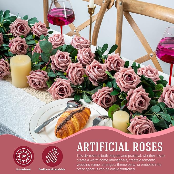 Fake Roses Faux Flowers Silk Roses 16.5in Artificial Roses with Stems Realistic Artificial Flowers Suitable for Indoor Home Decor DIY Bouquet Wedding Decor Party Decor (Pink Purple,12PCS)