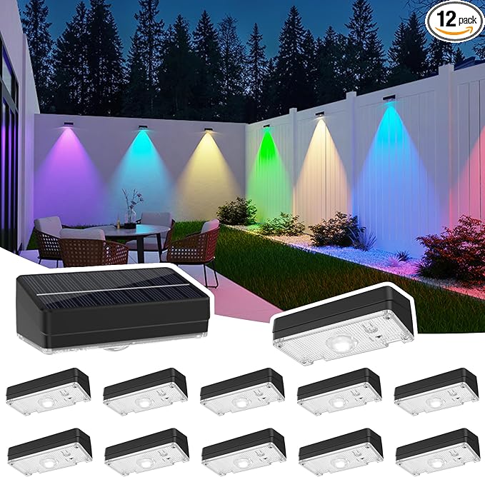 Solar Fence Lights,Fence Lights Solar Powered Waterproof IP65 Multicolor Led 12 Fixed Colors &RGB Color Changing for Pool, Deck, Patio, Porch, Stairs, Holiday (12)