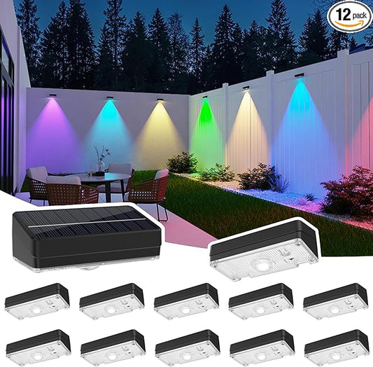 Solar Fence Lights,Fence Lights Solar Powered Waterproof IP65 Multicolor Led 12 Fixed Colors &RGB Color Changing for Pool, Deck, Patio, Porch, Stairs, Holiday (12)