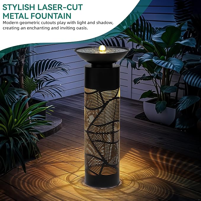 31.5" H Metal Cutout Geometric Patterns Outdoor Water Fountain with LED Lights, 2-Tier Modern Pedestal Waterfall Fountains, Ideal for Garden, Yard, Patio Décor