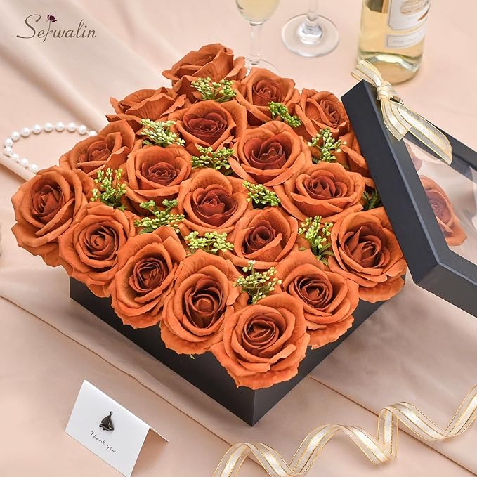 Serwalin 20pcs Artificial Burnt Orange Roses, 4'' Big Flower Head Fake Roses, Velvet Real Touch Roses, Silk Roses Long Stems for Home Decor Wedding Bouquet and Table Centerpiece