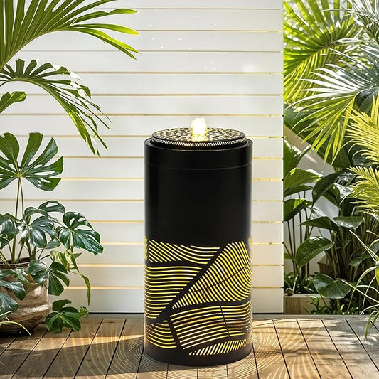 23.6 Inch Modern Outdoor Water Fountain with LED Lights - Black Geometric Bird Bath Garden Fountain for Patio, Yard, Porch Decor - Soothing Waterfall for Relaxing Ambiance