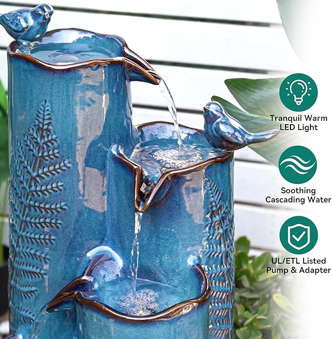 32 Outdoor Water Fountain, Unique Vase Ceramic Fountain withs Lights, 4-Tier Waterfalls with Birds, Tranquil Oasis for Garden Patio Yard Deck Balcony Decor, Tropical Fern, AquavTurquoise