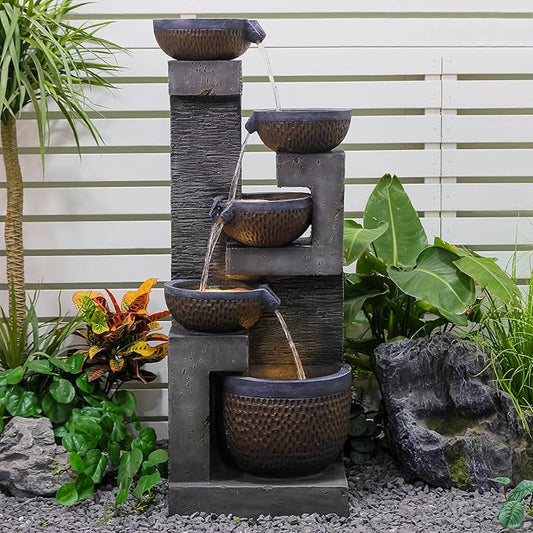 50" H Large Garden Fountains Outdoor, 5-Tier Cascading Rustic Style Bowl Water Fountain and Waterfall Feature with Light and Pump for Garden, Patio, Deck, Porch, Home Décor, Gray&Brown