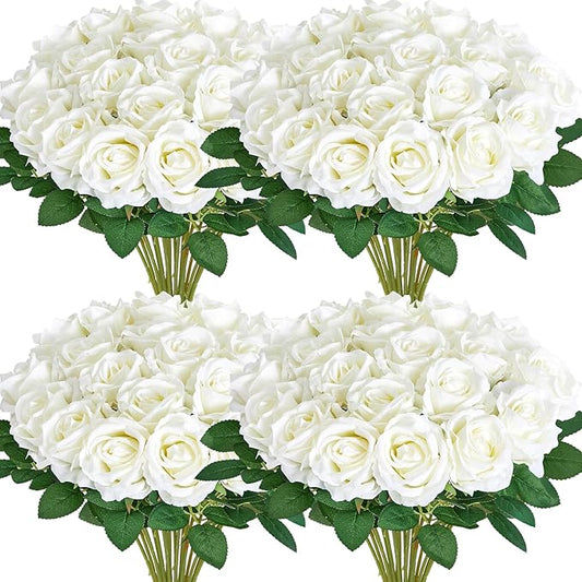 Serwalin 60 PCS White Roses Artificial Flowers, Ivory Fake Artificial Roses, Silk White Roses for Bridal Bouquet Wedding Centerpieces Table Arrangement Party Home Decor