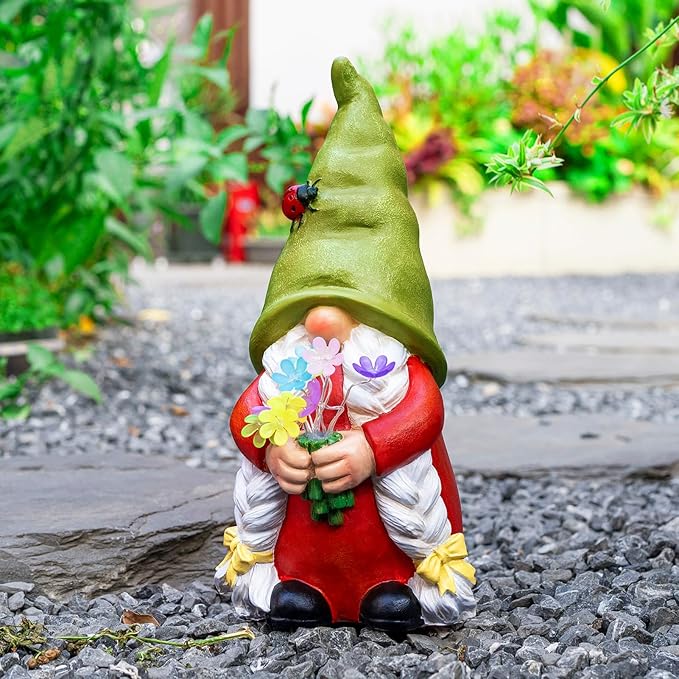 Solar Garden Gnome Lady Statues Outdoor Gnomes with Flowers Lights Porch Patio Lawn Yard Decoration - Ideal Christamas Gardening Birthday Gifts for Woman Mom
