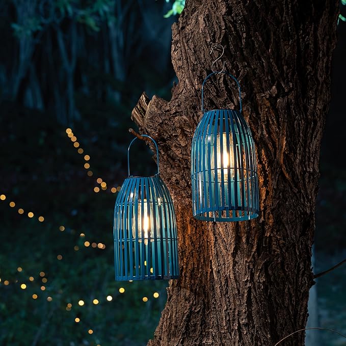 Set of 2 Solar Lantern Outdoor Waterproof Hanging Metal Birdcage Shaped Lantern Decorative Solar Light for Garden Yard Patio Porch, Blue