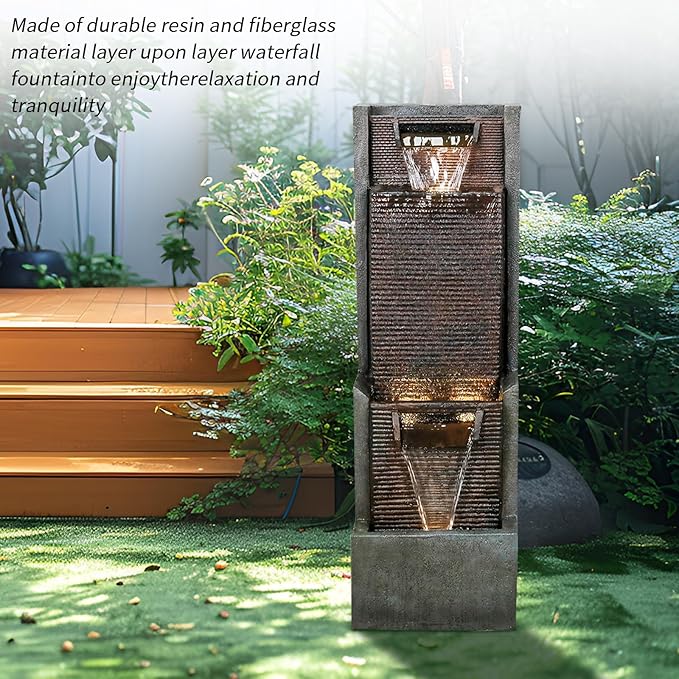 Outdoor Garden Waterfalls Fountains with Led Lights Water Fountain Outdoor/Indoor Resin Fountain for Patio Decor Garden, House, Office, Garden, Home Art Decor