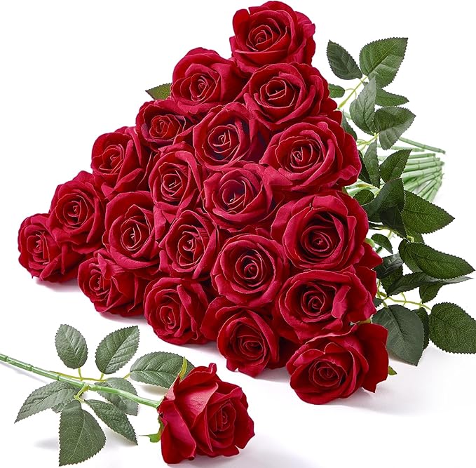 Serwalin 20pcs Red Roses Artificial Flowers, 4'' Big Velvet Flower Head Fake Roses, Realistic Silk Roses Bouquet Long Stems for Wedding Home Decor and Table Centerpiece