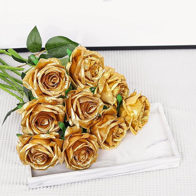 Hawesome 12PCS Artificial Silk Flowers Realistic Roses Bouquet Long Stem for Home Wedding Decoration Party (Gold-1)