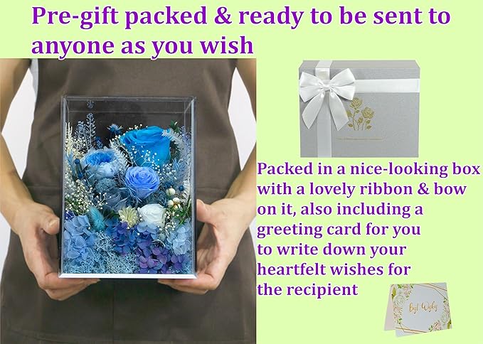 Valley of Rain & Forest Long-Lasting Real Flowers, Handcrafted Preserved Rose Bush For you to Send Love for All Occasions, Floral Arrangement for Indoor Decoration (Blue Rose)