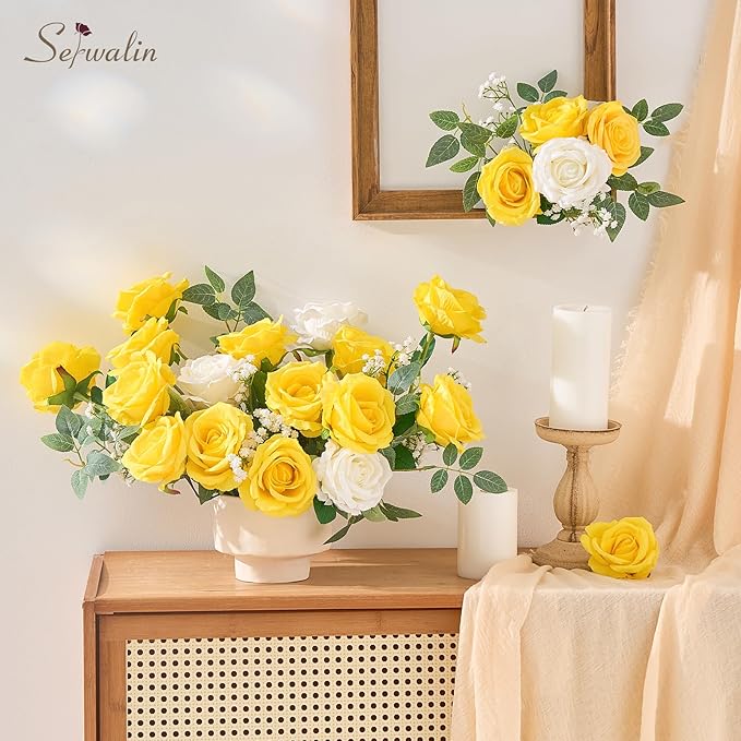 Serwalin 20pcs Artificial Yellow Roses, 4''Big Velvet Flower Head Fake Roses, Realistic Silk Roses Real Touch Bouquet Long Stems for Mother, Wedding Home Decor and Table Centerpiece