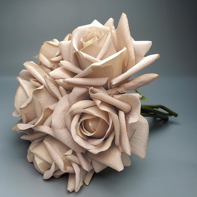 Artificial flower real touch roses feel and look realistic fake roses with stems, suitable for gift, for wife girlfriend mom friends, Indoor home table,cake, hotel, car ecoration (6, golden)